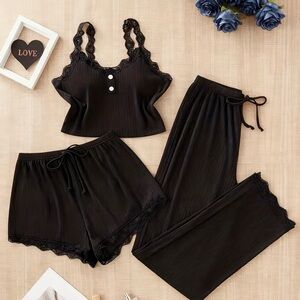 3 pc Super Cute/Cozy Black Semi Sheer W/ Lace Trim Sleepwear/lounge wear Set